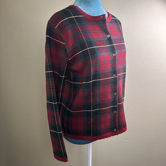 Talbots women S Cardigan Merino Wool Button Red Christmas Plaid made in Italy - Picture 2 of 16